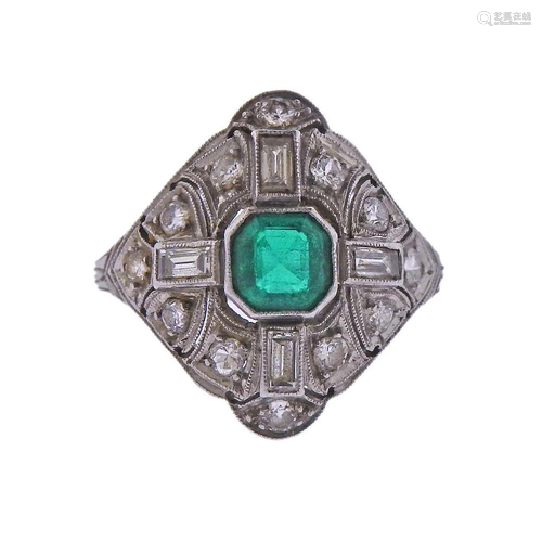 Art Deco Platinum Emerald Diamond Ring