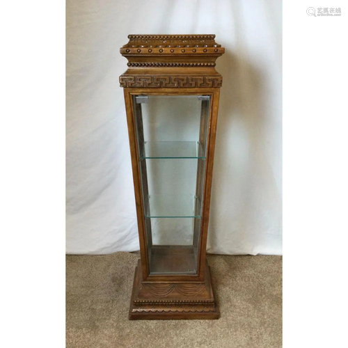 Carved Wood & Glass Pedestal Curio