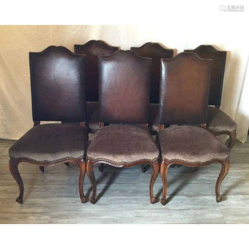 Set Of Six Walnut Country French Chairs, Brown Leather