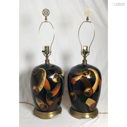 Pair of Maitland Smith Hand Painted Mod Style Lamps