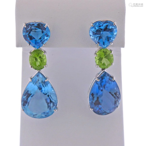 18k Gold Blue Topaz Peridot Drop Earrings