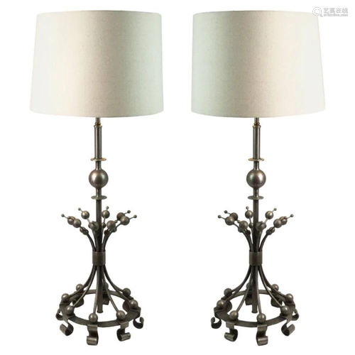 Pair of Postmodern Silvered and Aged Metal Table Lamps