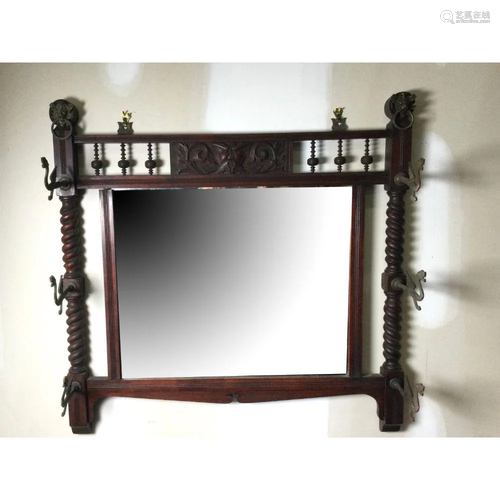 Victorian Mahogany Wall Mirror Coat Rack with Dragons