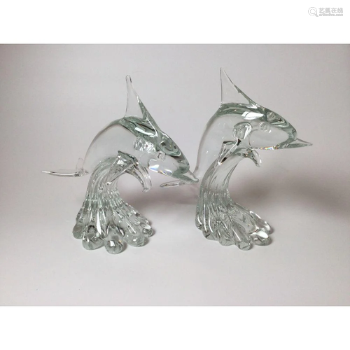 Pair Dolphin Glass Sculptures Signed