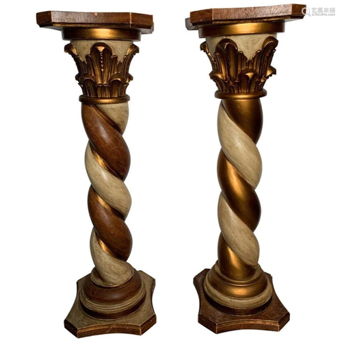 Mid Century Pair of Carved Wood Pedestals with