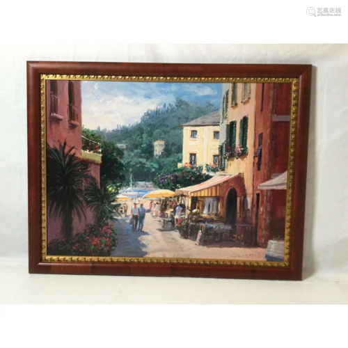 Oil on board,Tropical Market Scene Signed C.W. Bates