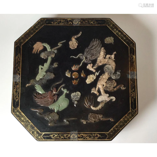 Antique Chinese Lacquered Inlaid with Stone & Jade