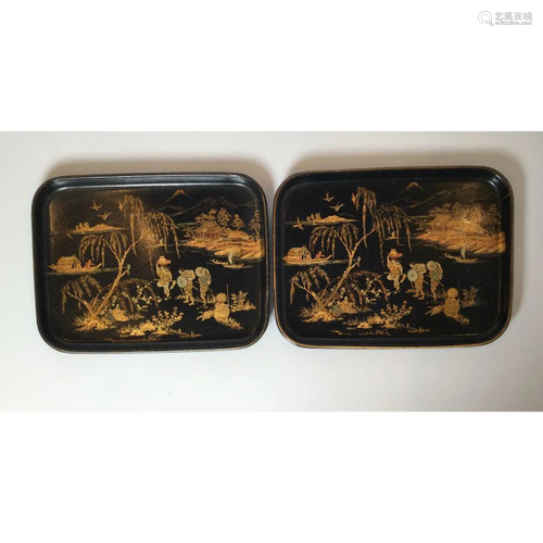 Pair paper Mache' Asian Trays