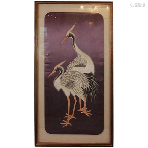 Large Framed Silk Embroidery of a Pair of Cranes