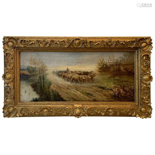 19th Century Original European Oil on Canvas of Sheep