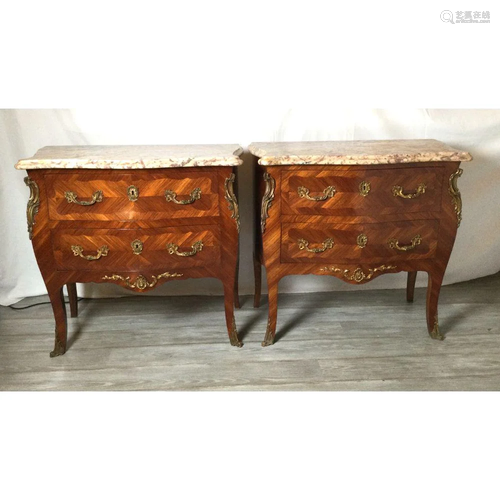 Pair of Mid-20th Century Marble Top Bombe Inlaid Two