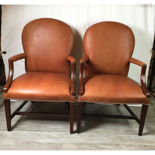 Pair of Leather and Mahogany Library Chairs