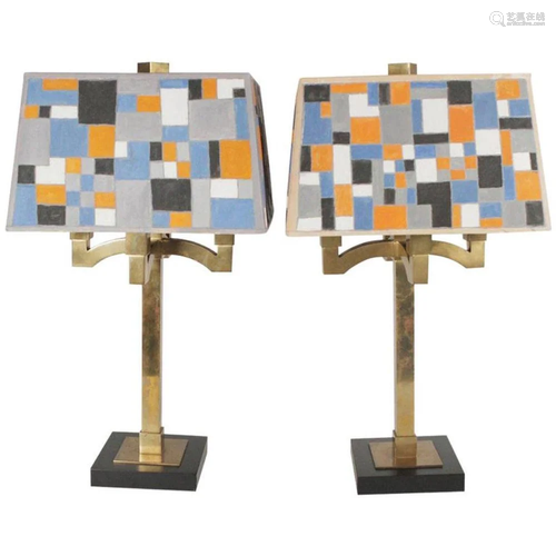 Mid-Century Modern Brass Lamps Style of Josef Hoffman