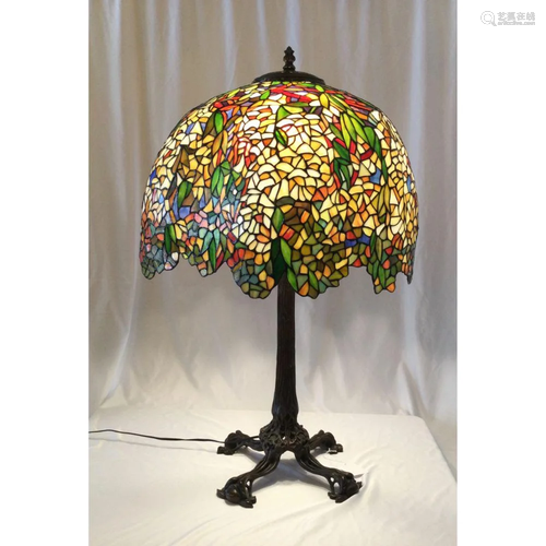 Late 20th C Large Tiffany Style Table Lamp With Great