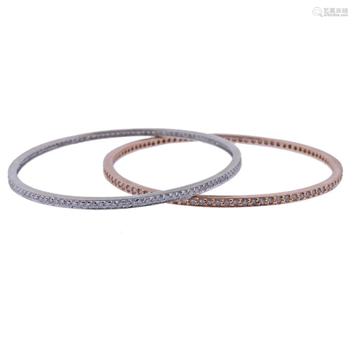 Set of Two 14k Gold Diamond Bangle Bracelets