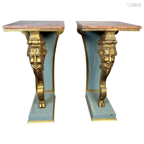 Italian Pair of Carved Wood Gilt Pedestals with Marble