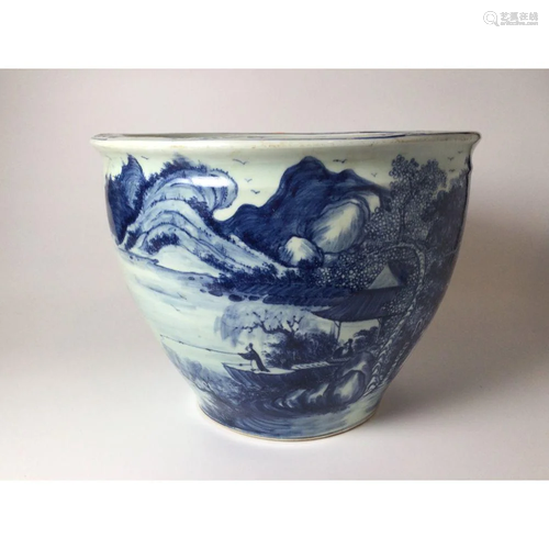 Chinese Antique Blue & White Koi Fish Bowl