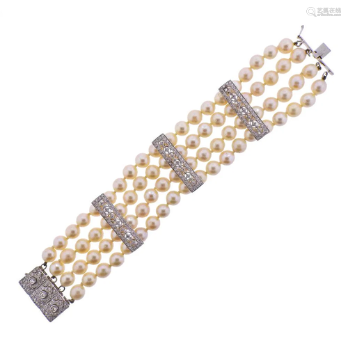 Mid Century 14k Gold Diamond Pearl Bracelet