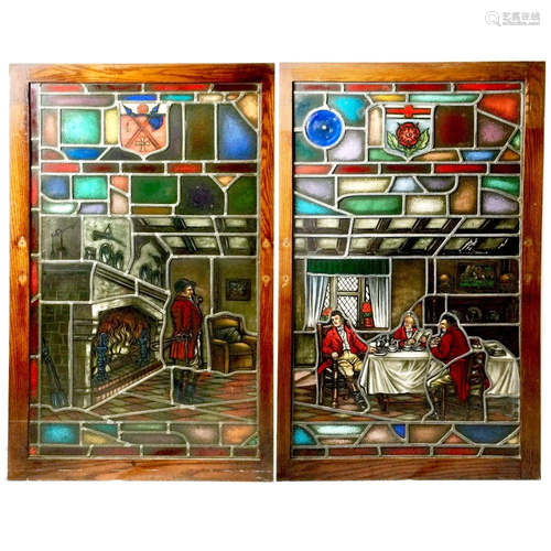 Equestrian Stained Glass Windows Depicting Fox Hunters,