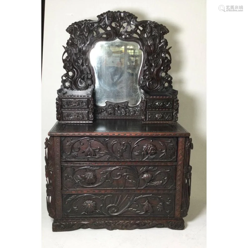 Early 20th C. Heavily Carved Asian Chest Of Drawers