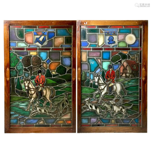 Pr of Equestrian Stained Glass Windows Depicting Fox