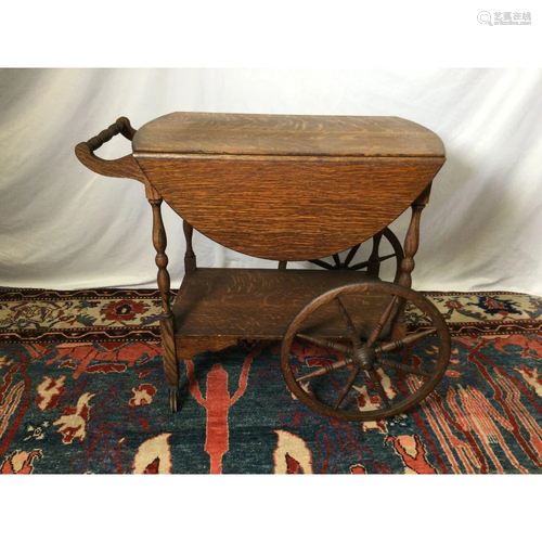 Oak Bar Cart with Folding Handle Folding Sides and Draw