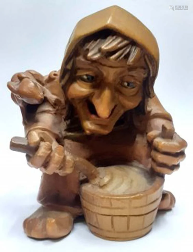 Old witch & squirrel hand carved black forest wooden