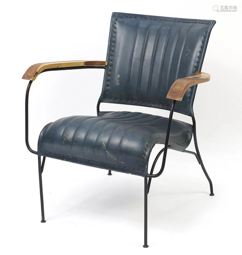 Industrial hardwood and leather design elbow chair,