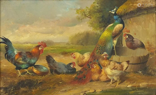 Attributed to Max Hanger - Hens and peacock, oil on