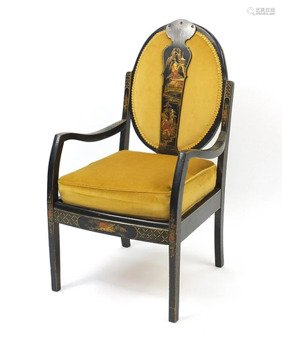 Chinese lacquered side chair gilded with figures in a