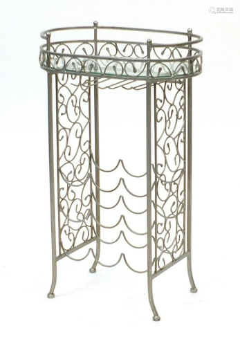 Contemporary silvered metal wine rack with glass top,