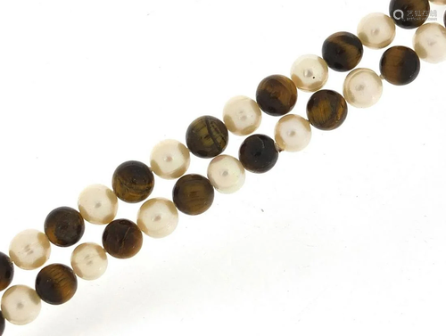 Large freshwater pearl and tiger's eye necklace, 120cm