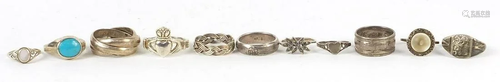 Eleven silver rings including a sweet heart ring,