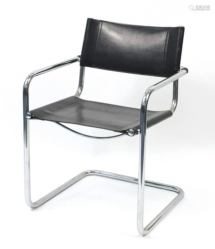 Vintage chrome black leather easy chair, 81cm high