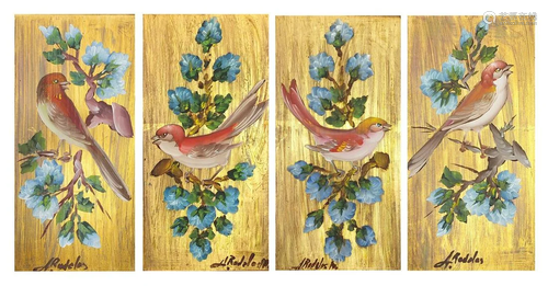 Birds and flowers, four Italian oil on wood panels,