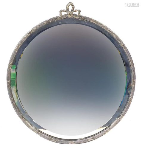 Circular silver plated wall mirror with bow decoration