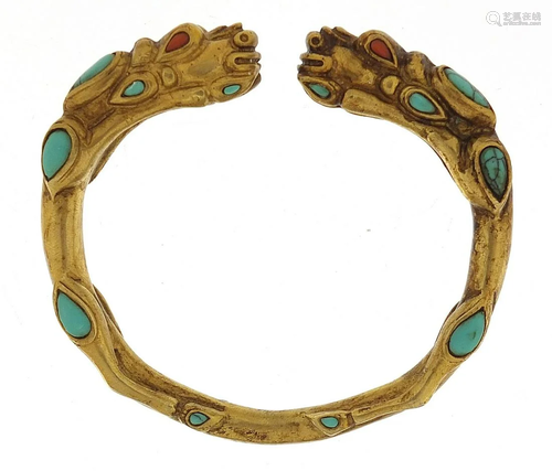 Tibetan gilt bronze dragon bangle set with turquoise,