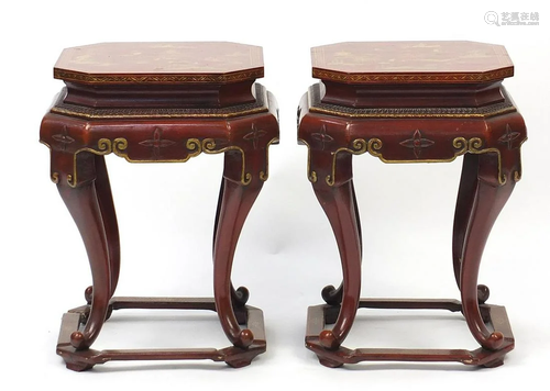 Pair of Chinese red lacquer style plant stands gilded