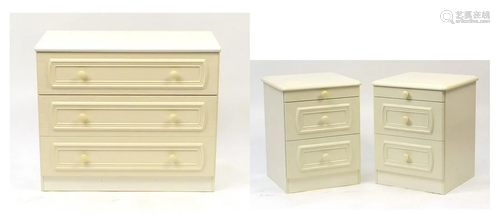 Contemporary cream three drawer chest and a pair of two