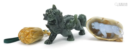 Chinese hardstone carvings including a large green