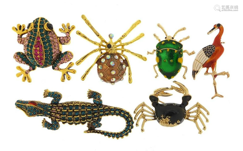 Six jewelled and enamel animal and insect brooches