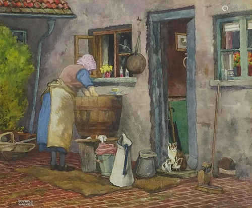 Edward Walker - Female washing clothes and two cats,