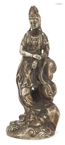 Chinese silvered metal figure of Guanyin, 25cm high