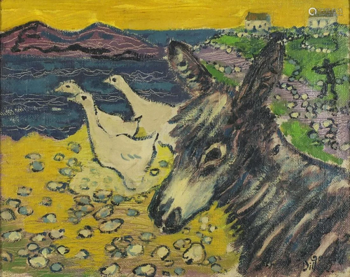 Manner of Gerard Dillon - Geese and donkey by water,