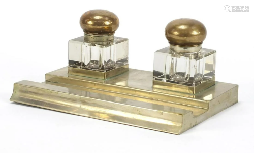 Silver plated desk stand with two glass inkwells, 26cm