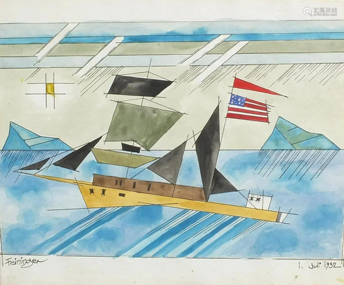 Abstract composition, steam ship on water, American