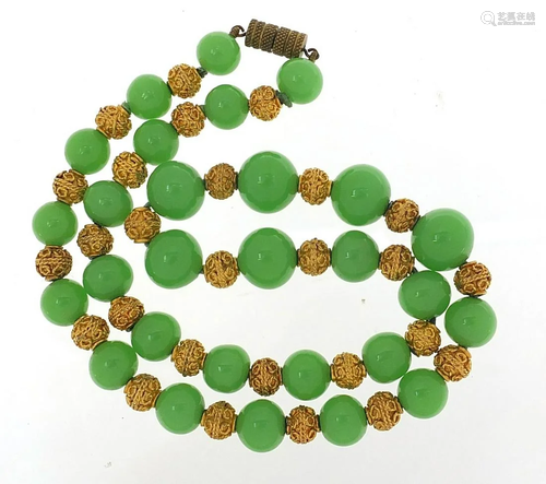 Chinese green hardstone and gilt metal bead necklace,