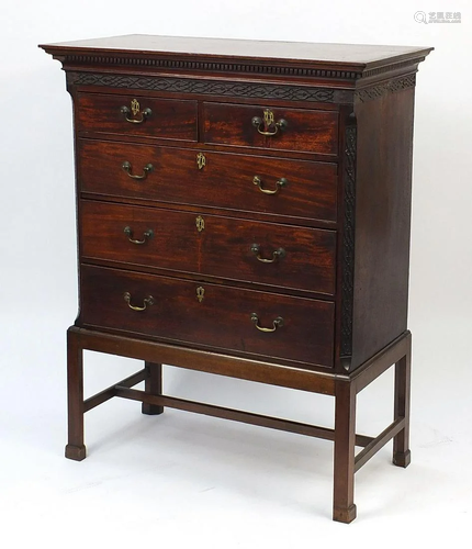 Antique mahogany five drawer chest on stand with blind