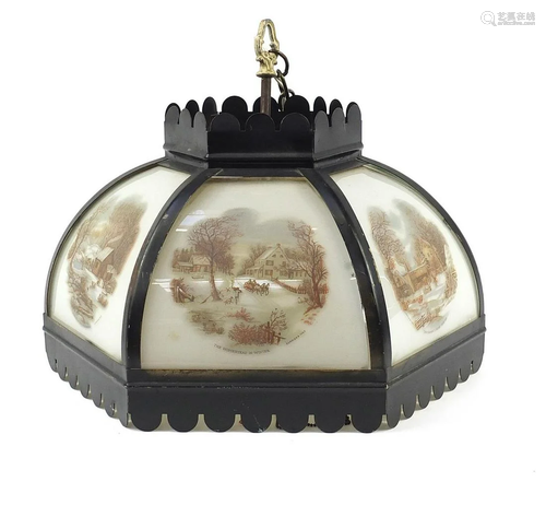 Vintage Currier & Ives light pendant with six glass