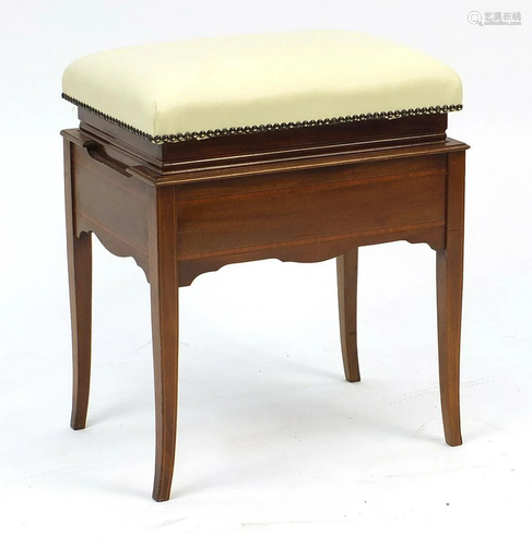 Mahogany satin inlaid adjustable piano stool, 56cm H x